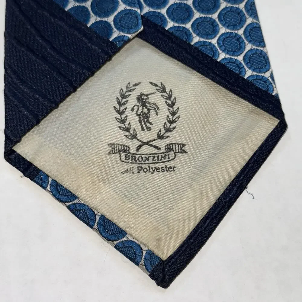 Bronzini Mens Tie Blue Jacquard Diagonal Stripe Geometric Foulard Circle Pattern